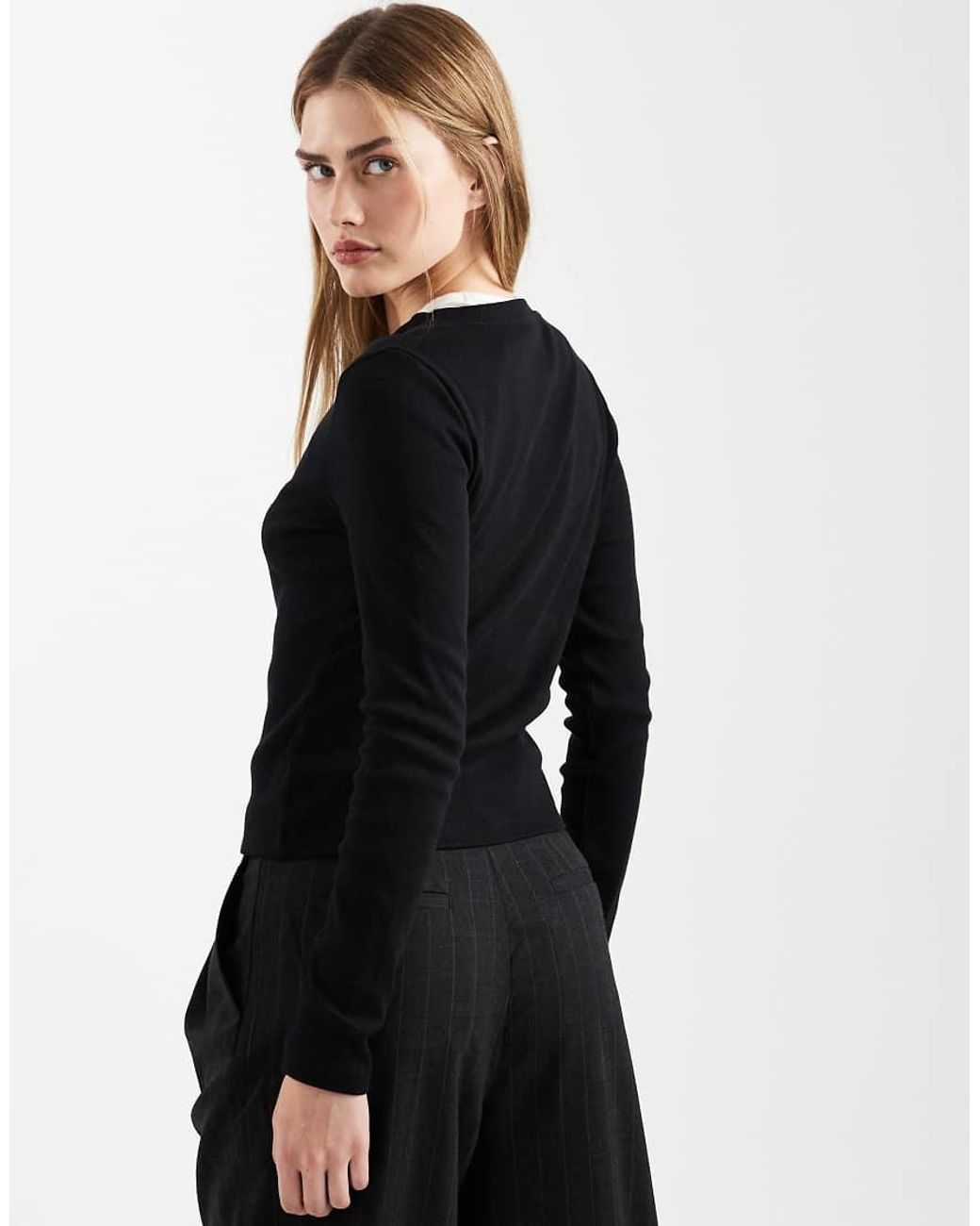 ASOS Black Cotton Rib Crew Neck Button Through Top