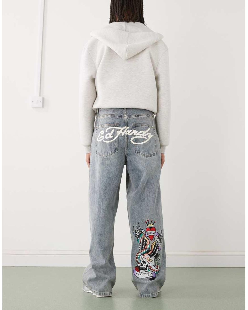 Ed Hardy Gray Nyc Skull Denim Jeans for men