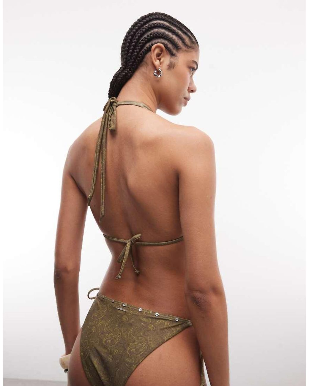 Reclaimed Vintage Brown Halter Bikini Top With Studs