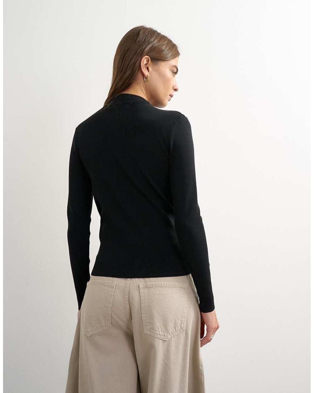 TOPSHOP Black Knitted Long Sleeve Front Drape Keyhole Top