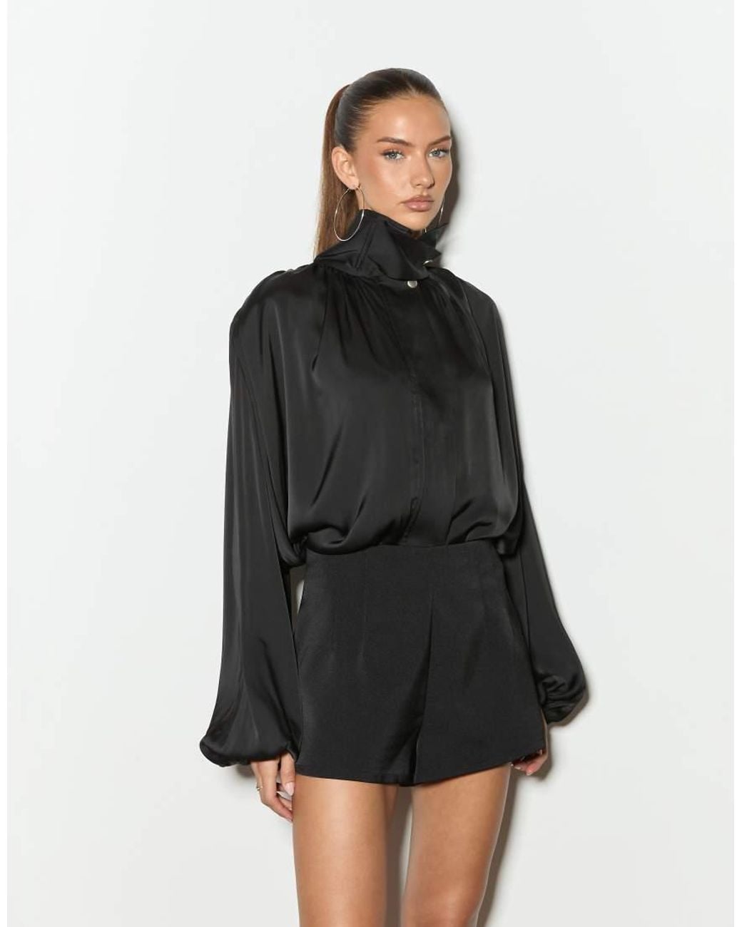 Noughts & Kisses Black Celeste Satin Funnel Neck Drape Detail Top