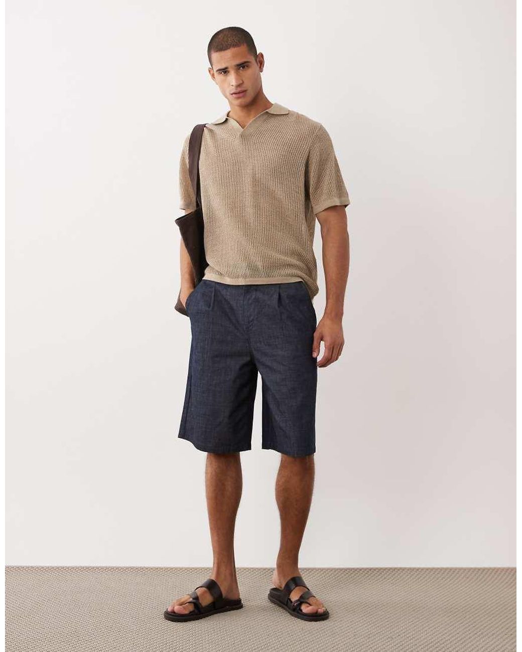ASOS Natural Oversized Knitted Short Sleeve Notch Neck Polo for men