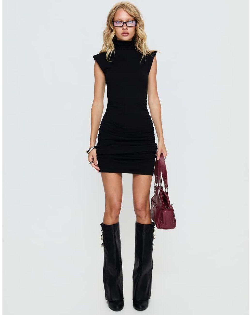 Princess Polly Black Ortensia High Neck Shoulder Pad Ruched Detail Mini Dress