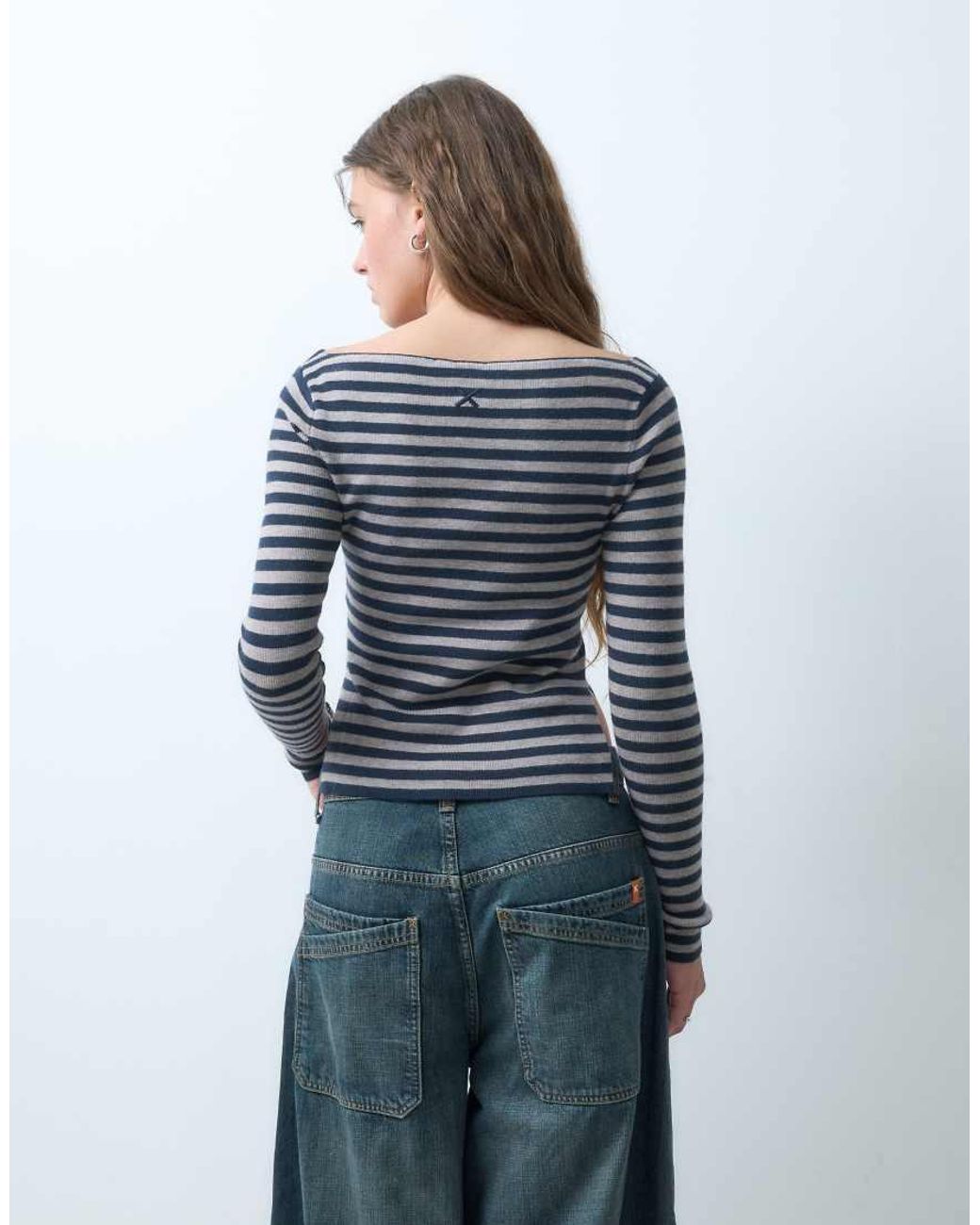 Collusion Blue Stripe Knitted Slash Neck Top