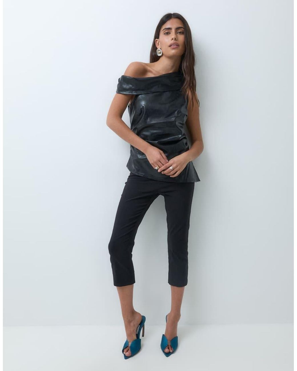 ASOS Blue Cinched Waist Leather Look Asymmetric Neck Top