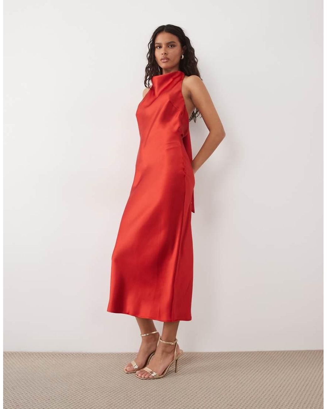 Pretty Lavish Red Edita Satin Halter Cowl Neck Low Back Midaxi Dress
