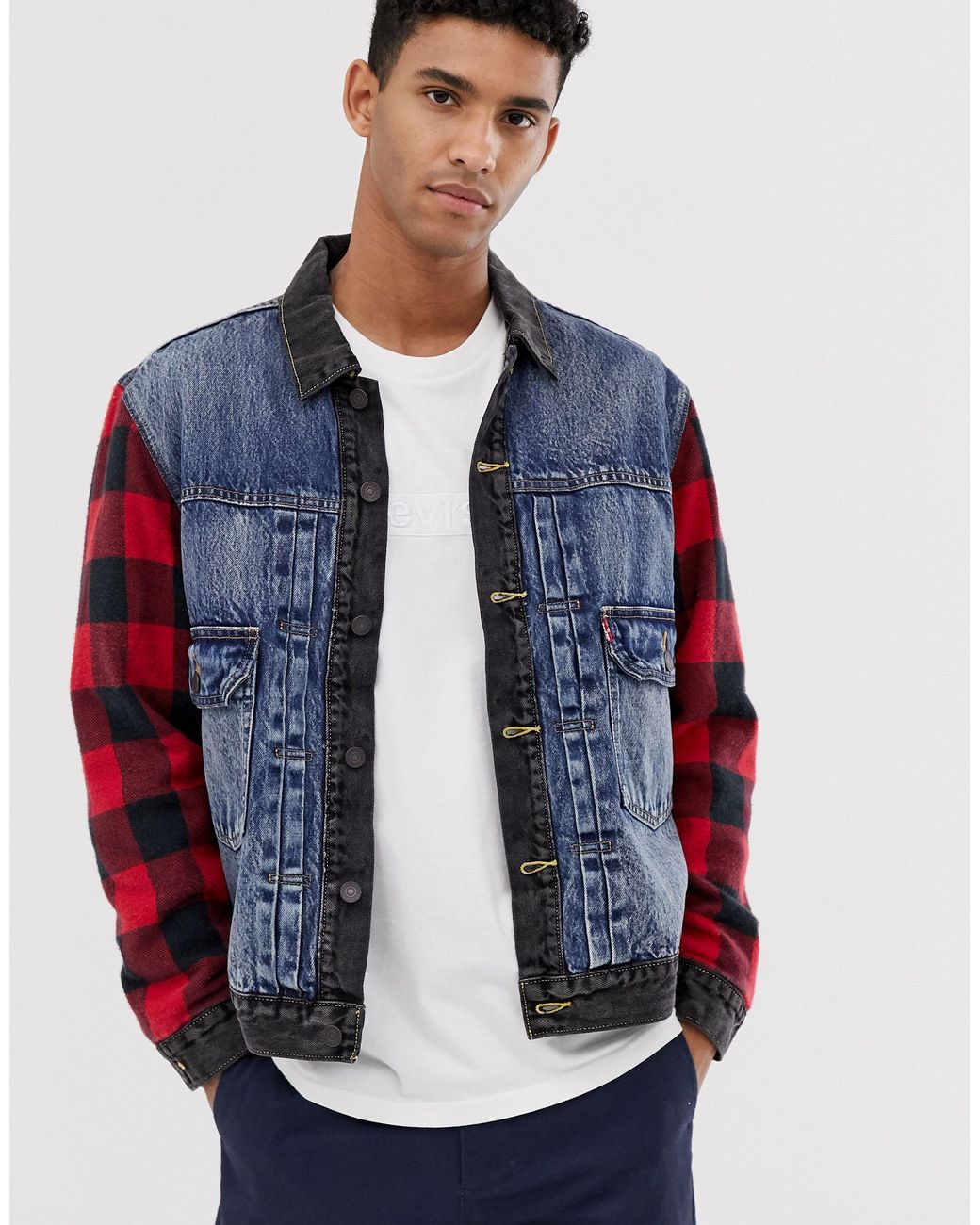 Type 2 Veste camionneur en jean avec manches a carreaux en laine hybride a delavage moyen Noir bleu woodsman Levi s pour homme en coloris Bleu Lyst
