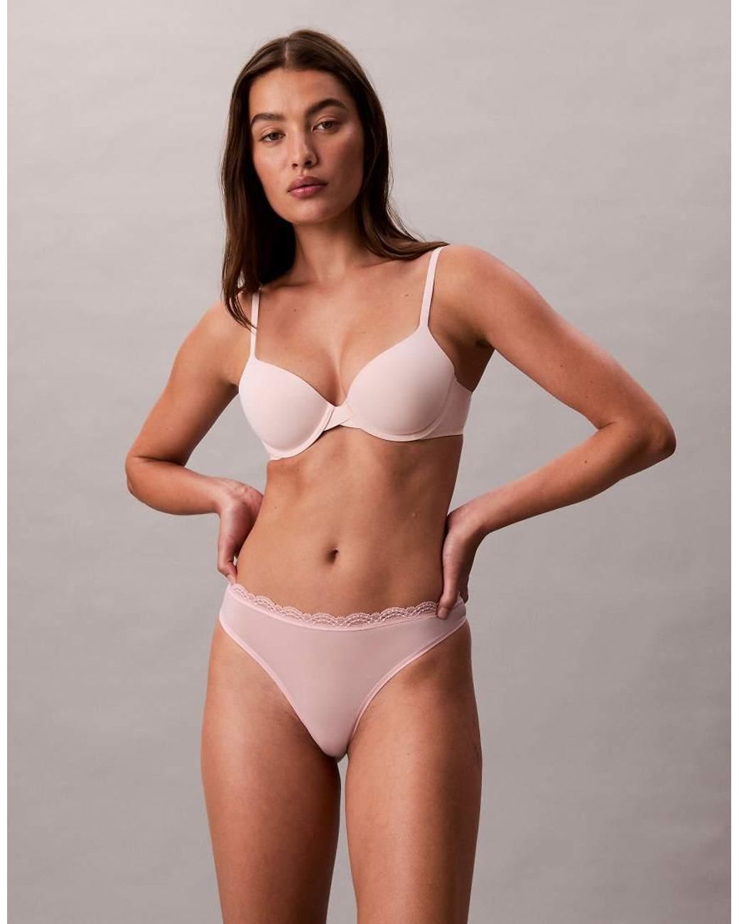 Calvin Klein Brown Microfibre Stretch Thong With Lace Trim