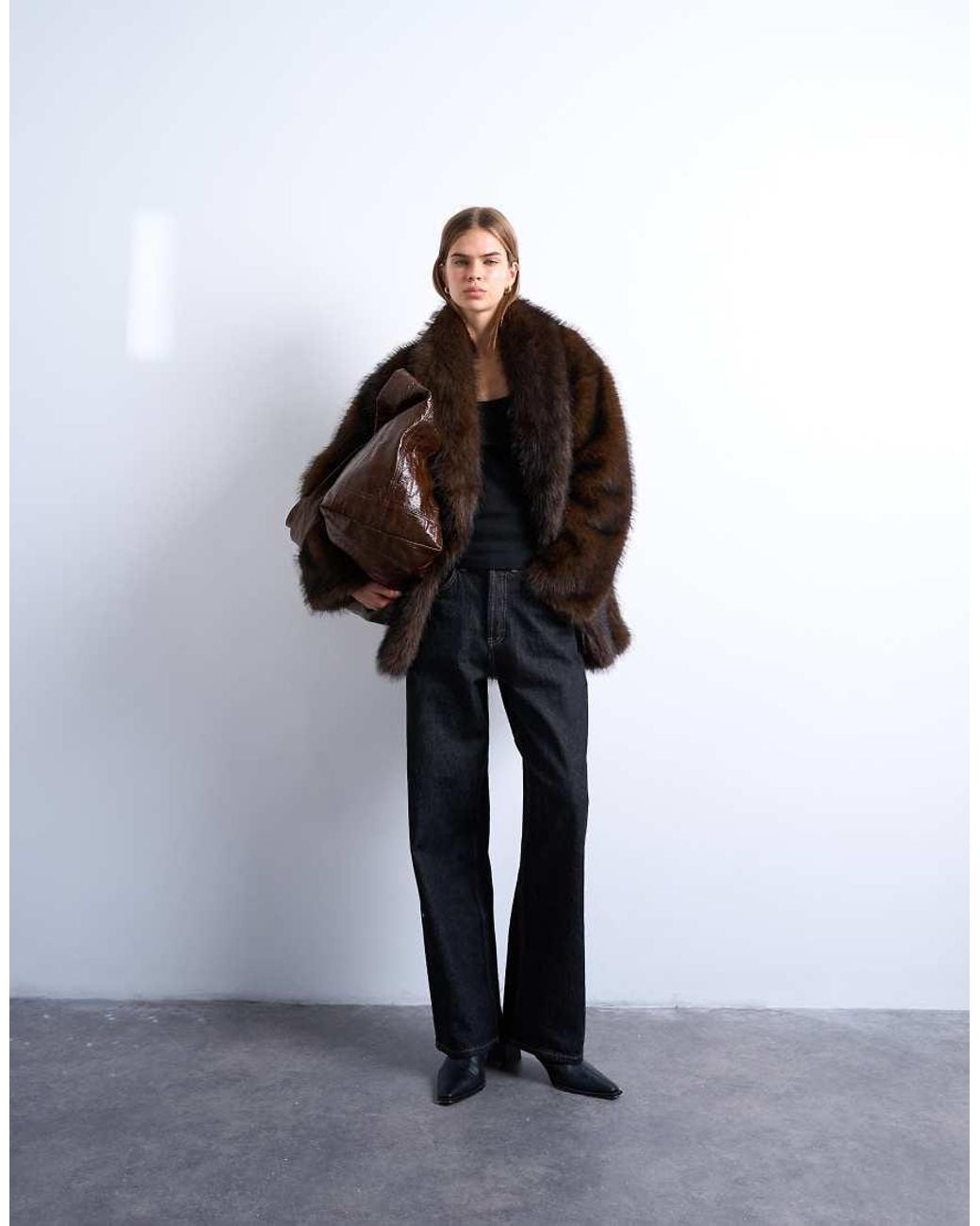 TOPSHOP Black Faux Fur Shawl Mid Length Coat