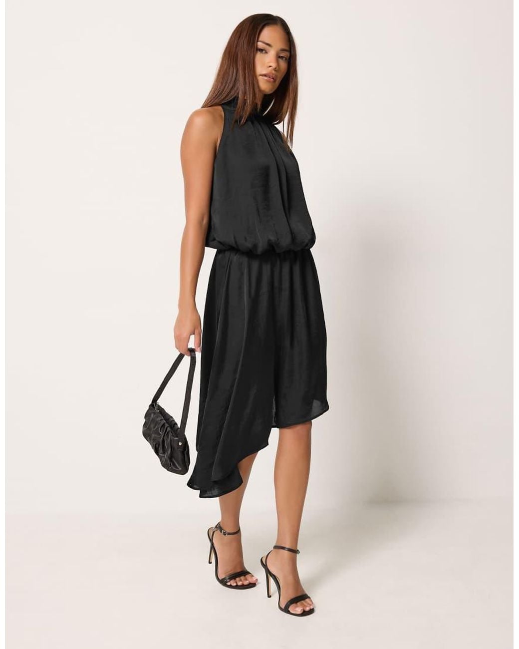 PixieGirl Black Petite Halter Neck Satin Dress