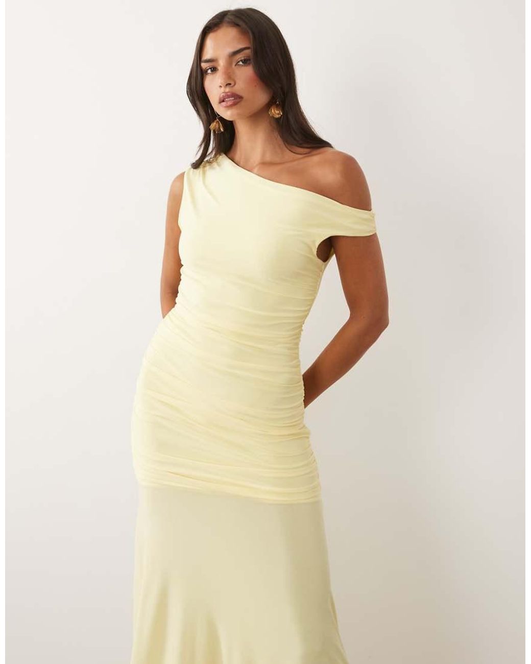 TFNC London Natural Mesh Dropped Shoulder Ruched Detail Maxi Dress