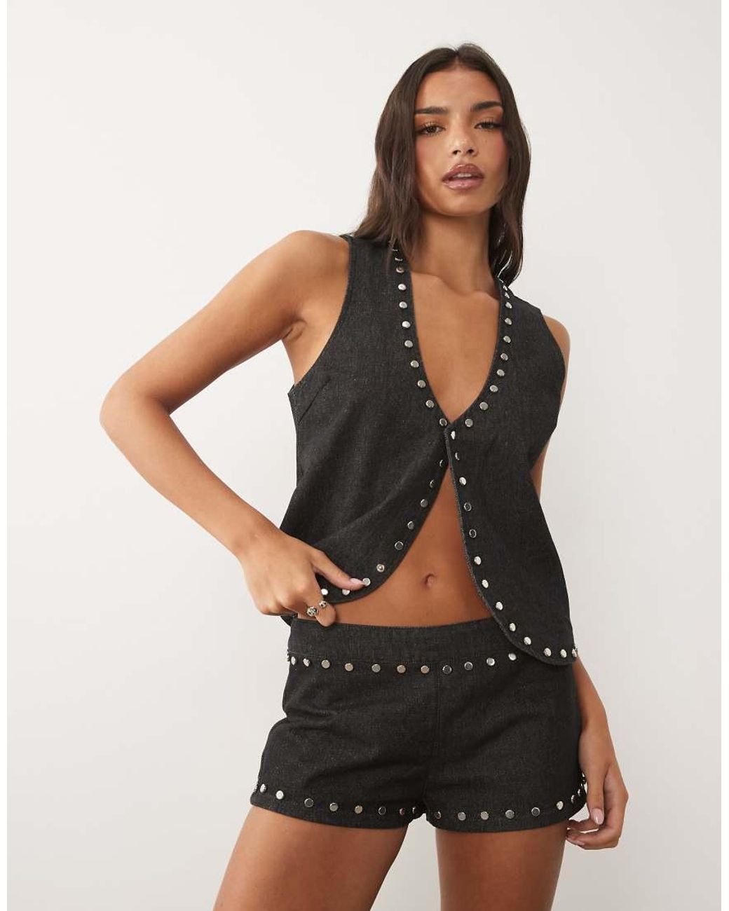 Motel Natural Seria Denim Micro Shorts With Stud Detail