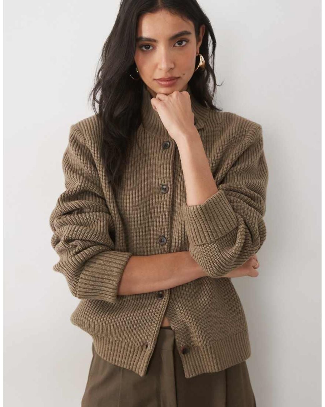 Pretty Lavish Brown Knitted Funnel Neck Button Down Jacket