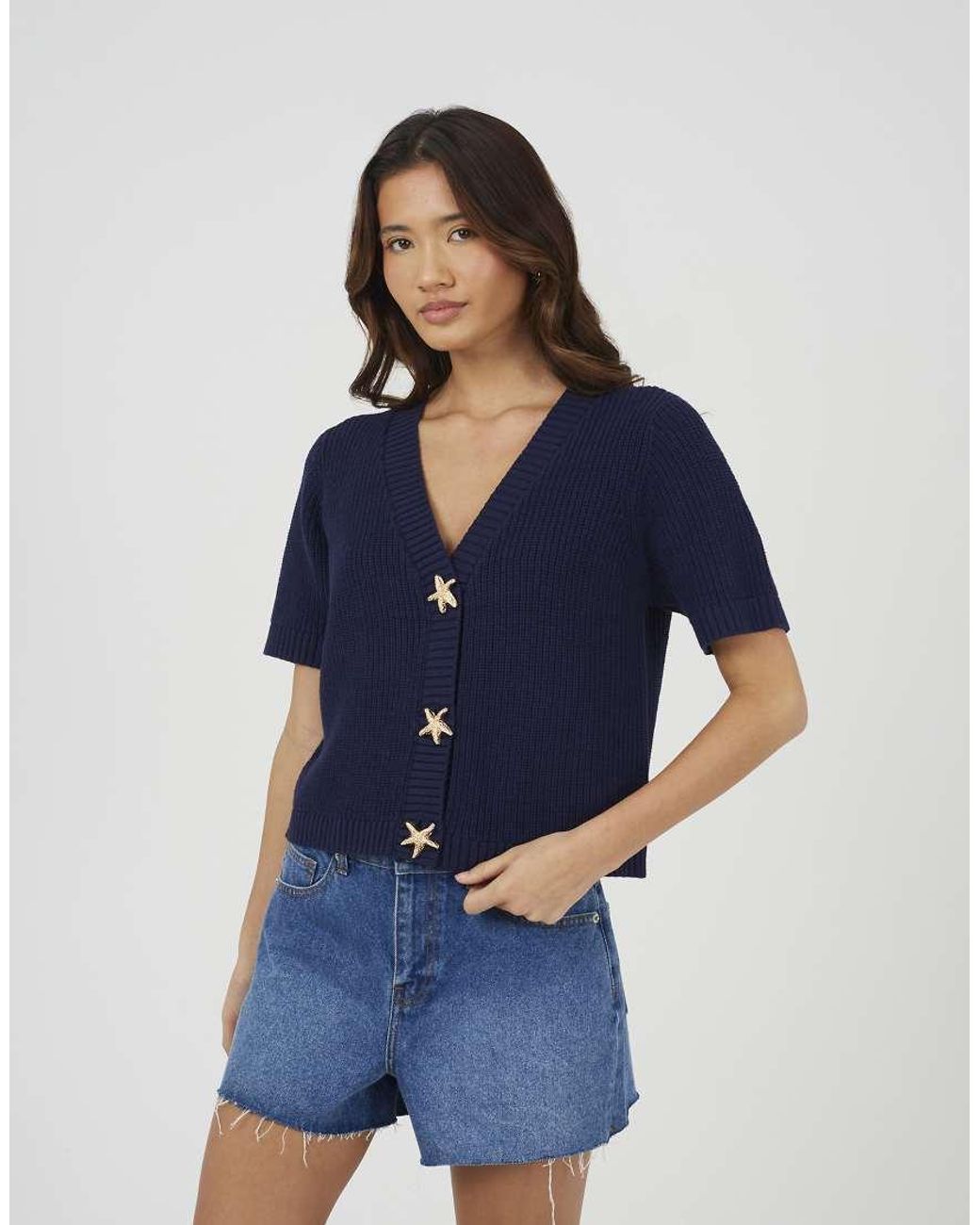 Brave Soul Blue Short Sleeve Knitted Cardigan With Starfish Buttons