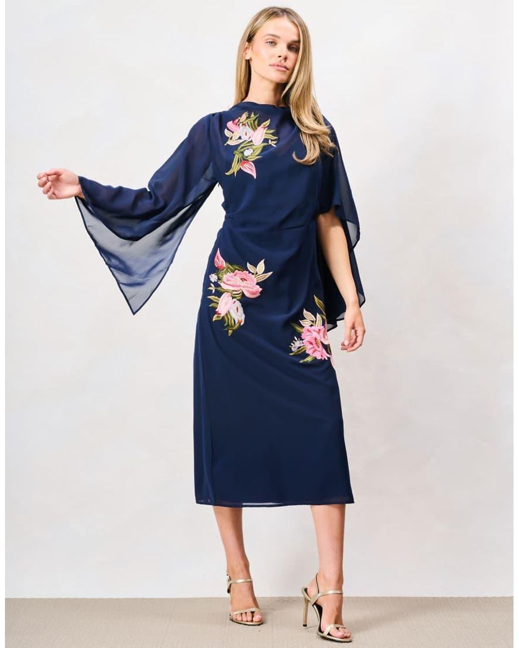 Hope & Ivy Blue Ludmila Embroidered Caped Sleeve Midi Dress With Bow Back