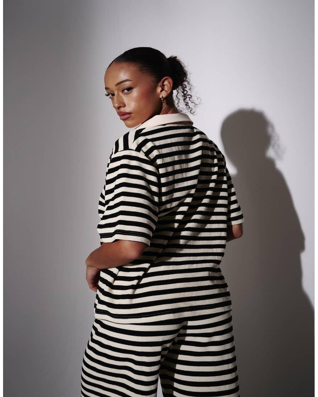 South Beach Gray Waffle Stripe Ruffle Shirt