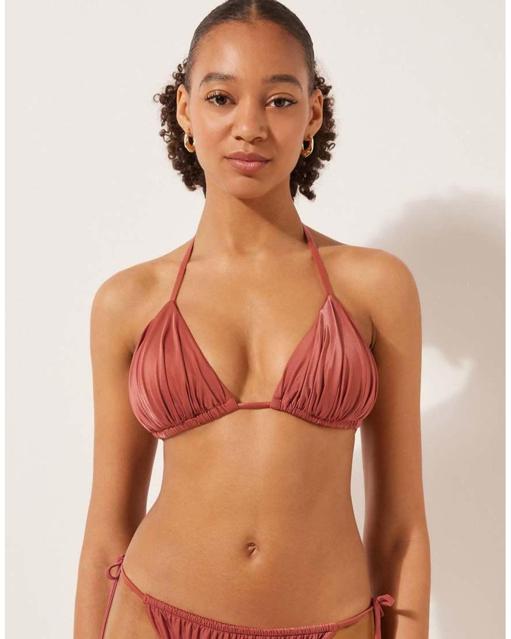 Calzedonia Brown Calzendonia Triangle Bikini Top Shiny Satin