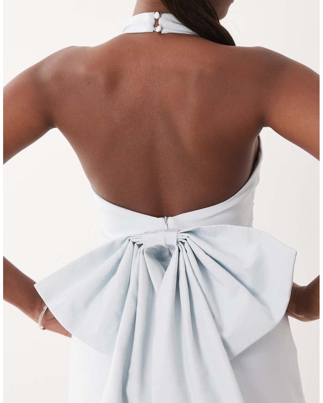 TFNC London Natural Bengaline High Halter Neck Bow Back Mini Dress