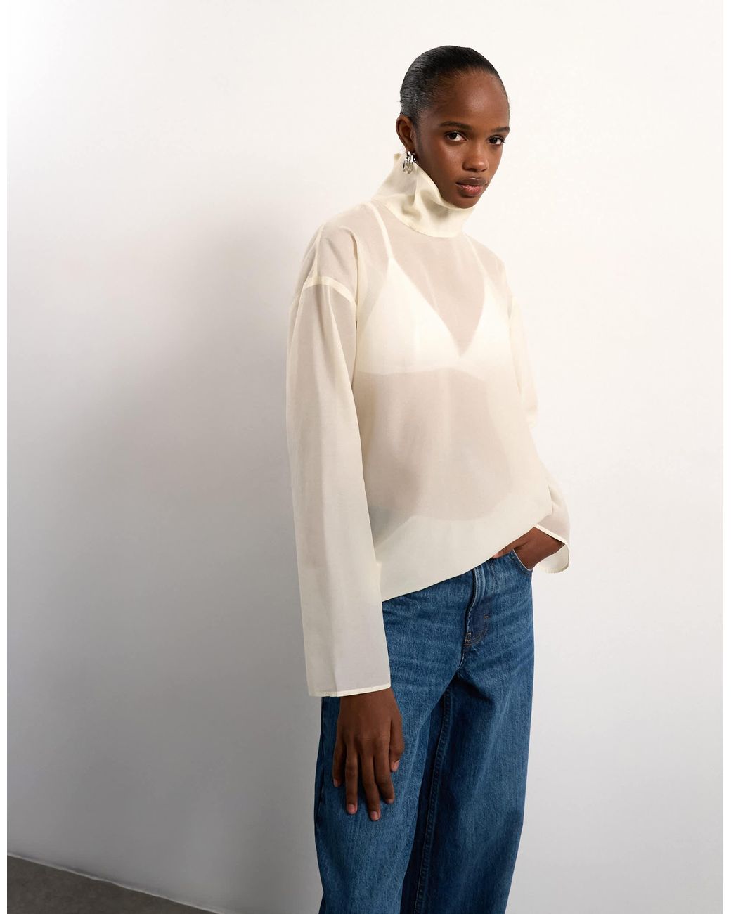 TOPSHOP Natural Funnel Neck Long Sleeve Organza Top