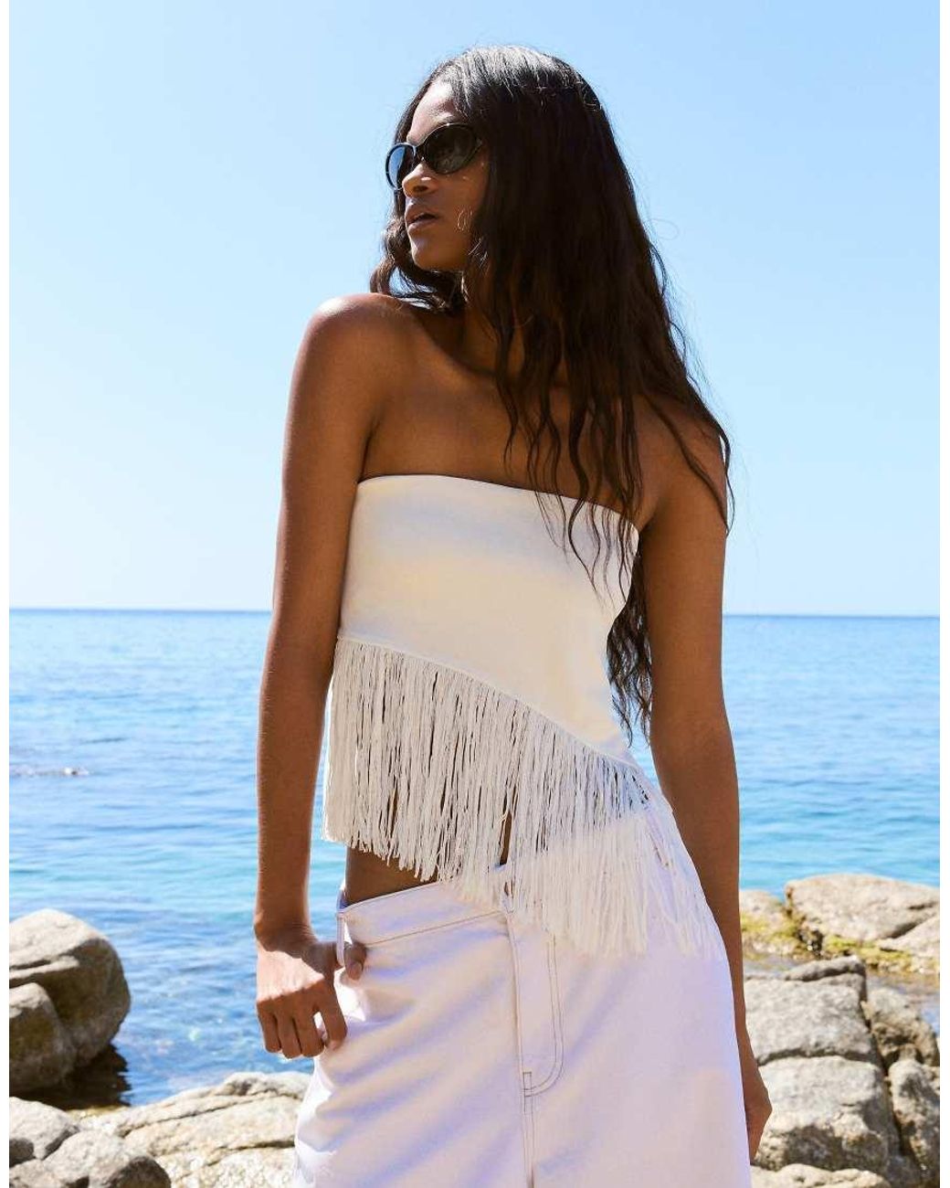 Bershka White Fringed Strapless Top