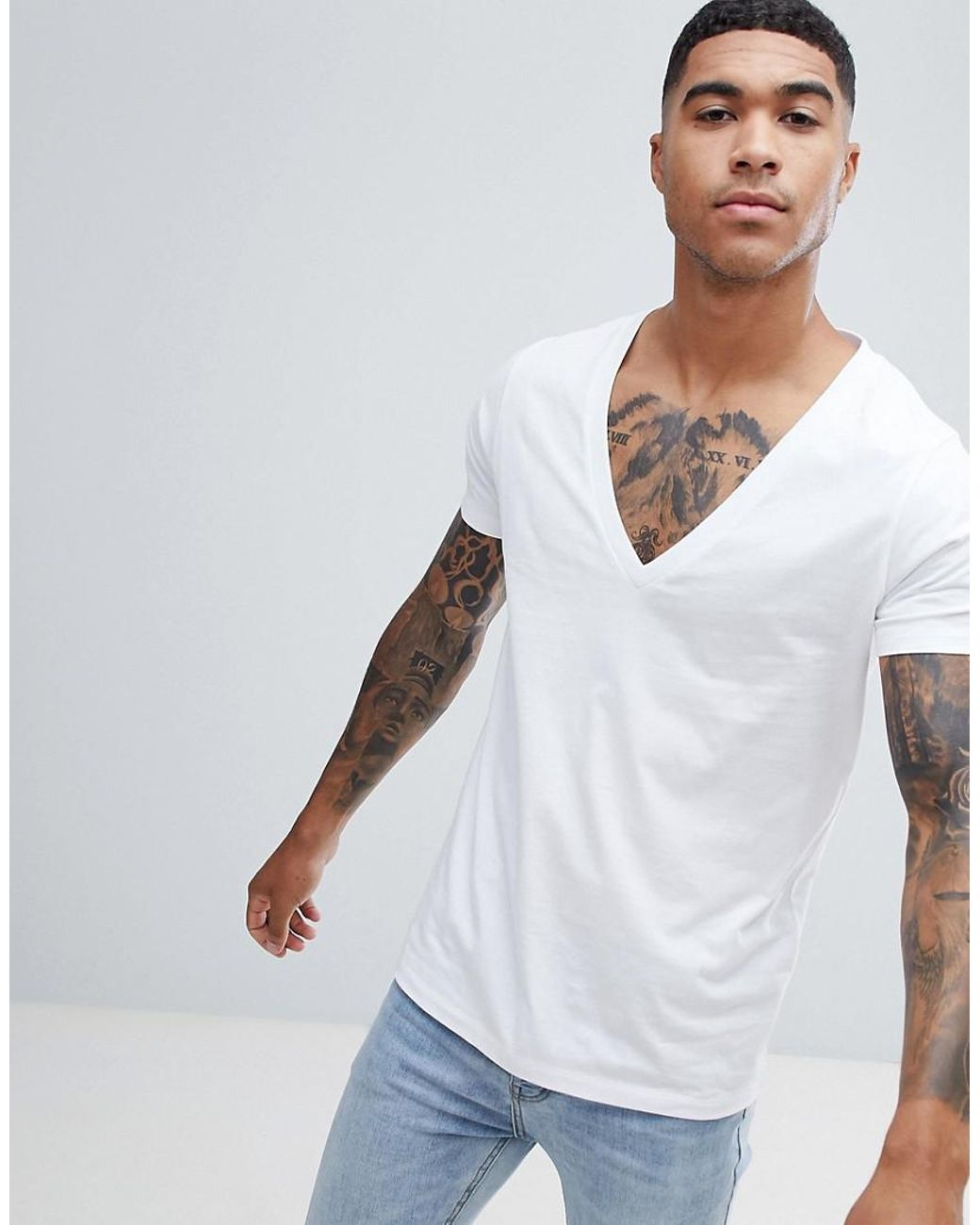 ASOS T-shirt With Super Deep V Neck In White for Men | Lyst Australia