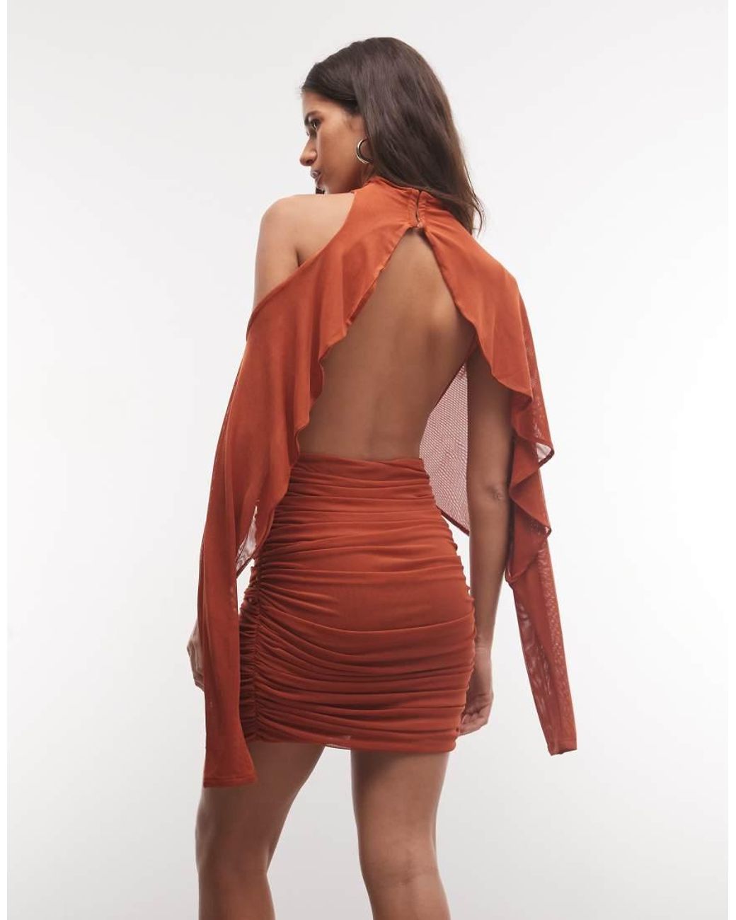 ASOS Red Mesh Asymmetric Ruched Mini Dress With Batwing Sleeve