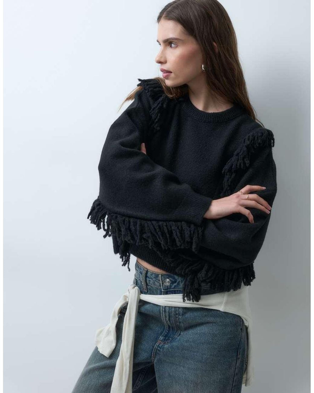 ASOS Gray Knitted Fringe Detailing Oversized Jumper