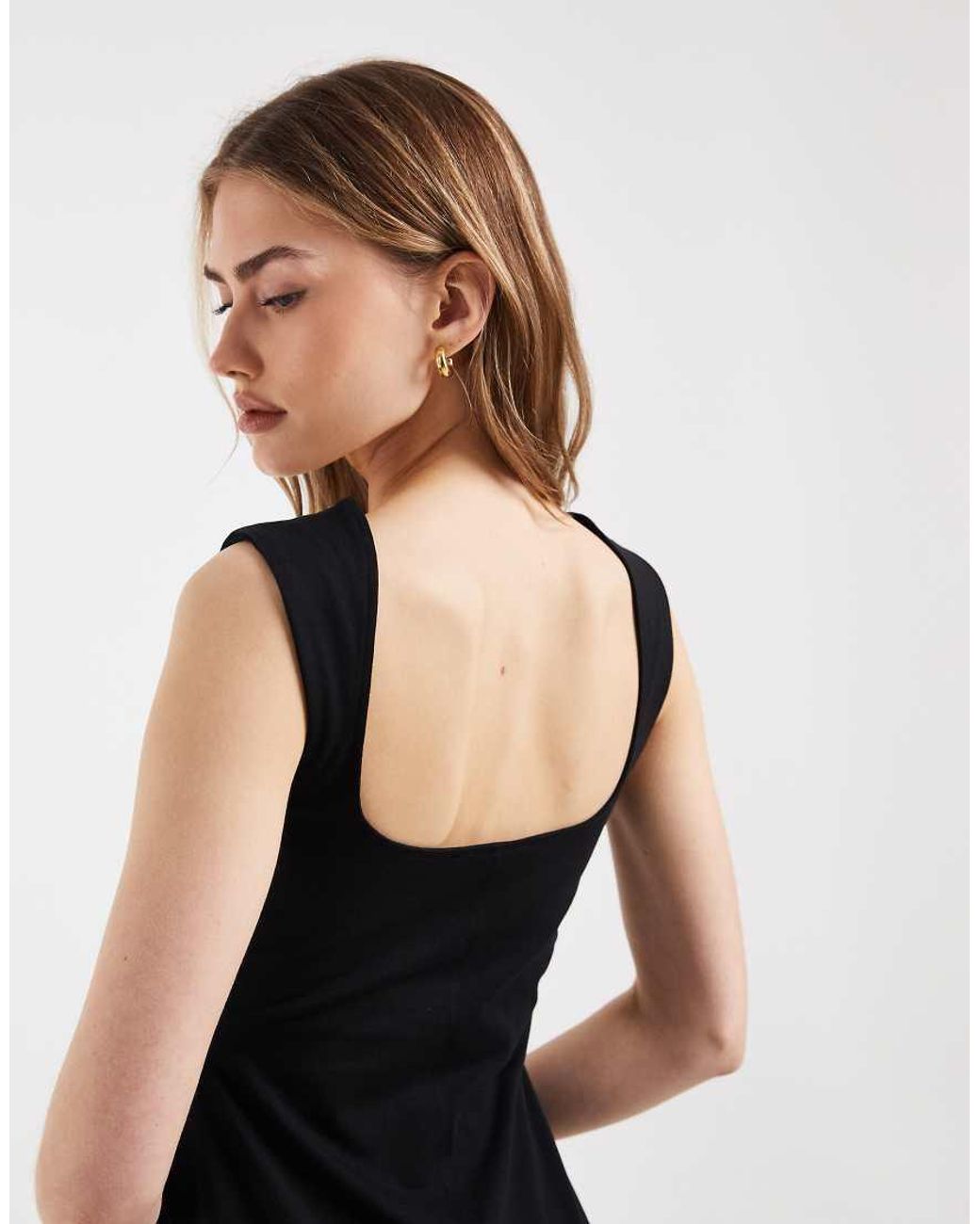 ASOS Black Square Neck Seam Detail Midi Dress