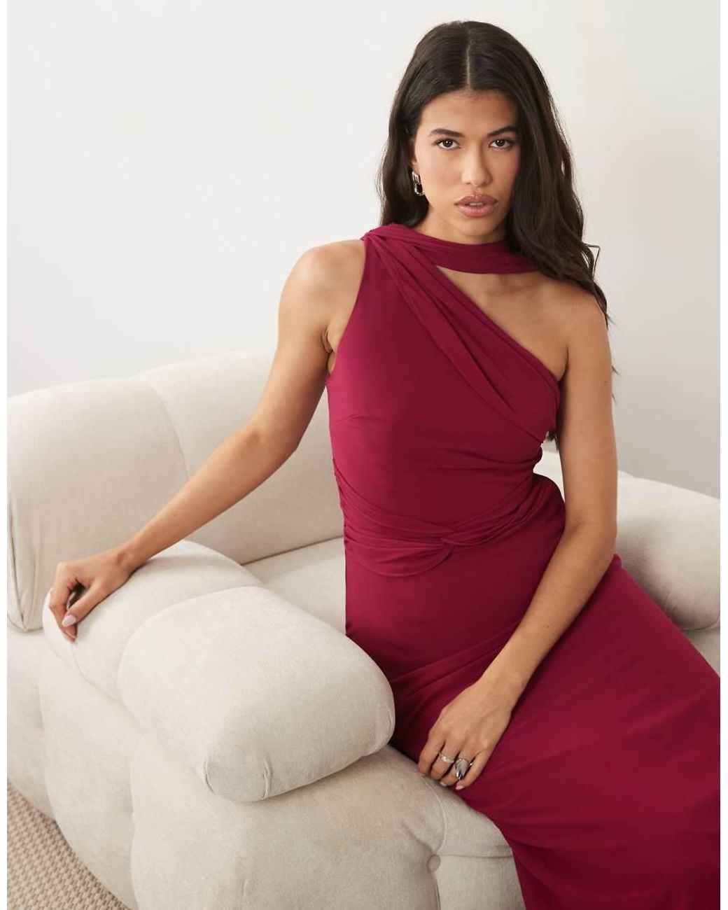 TFNC London Pink Bridesmaid Chiffon One Shoulder Twist Waist Draped Maxi Dress