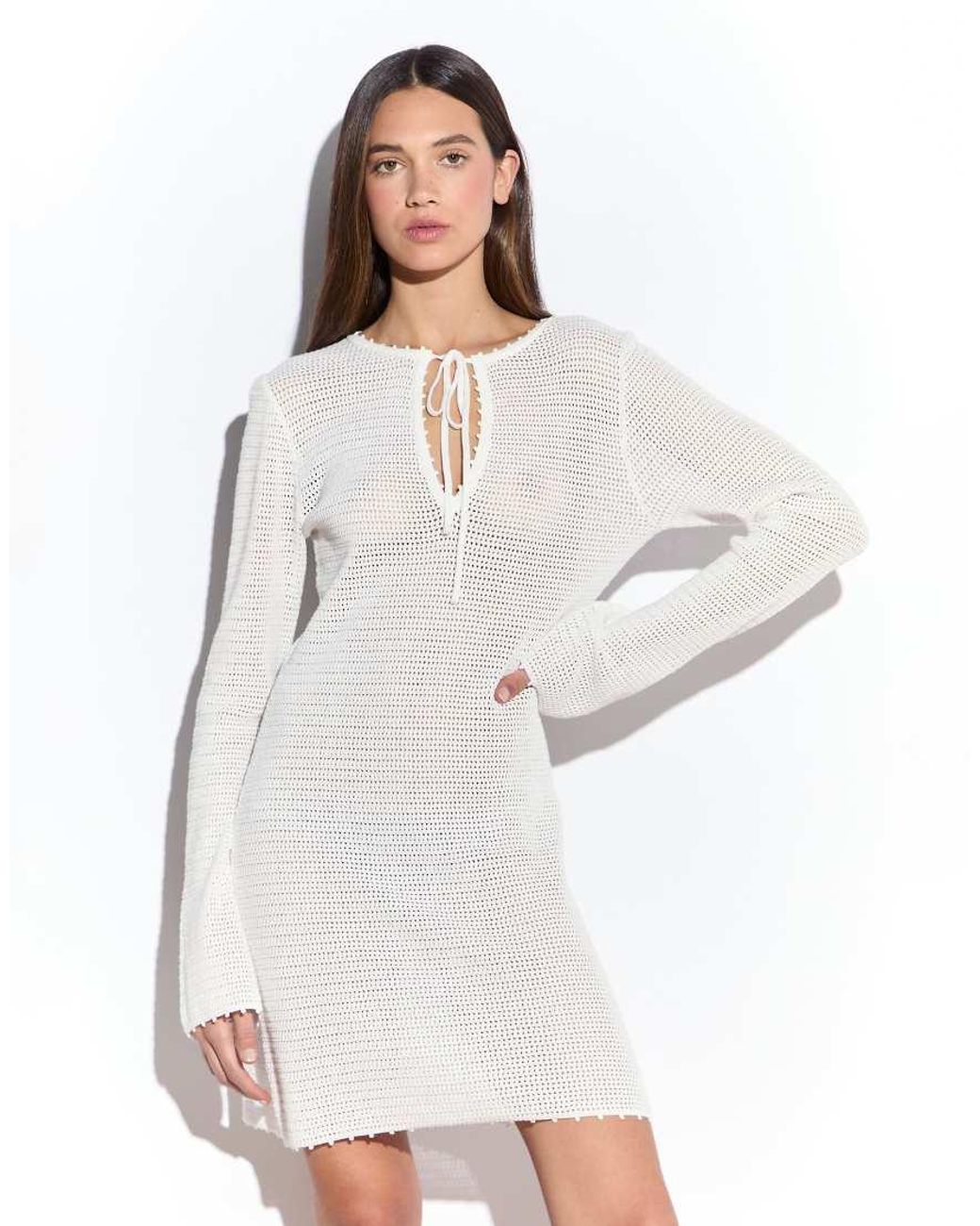 NARRATED Natural Crochet Knit Long Sleeve Mini Dress