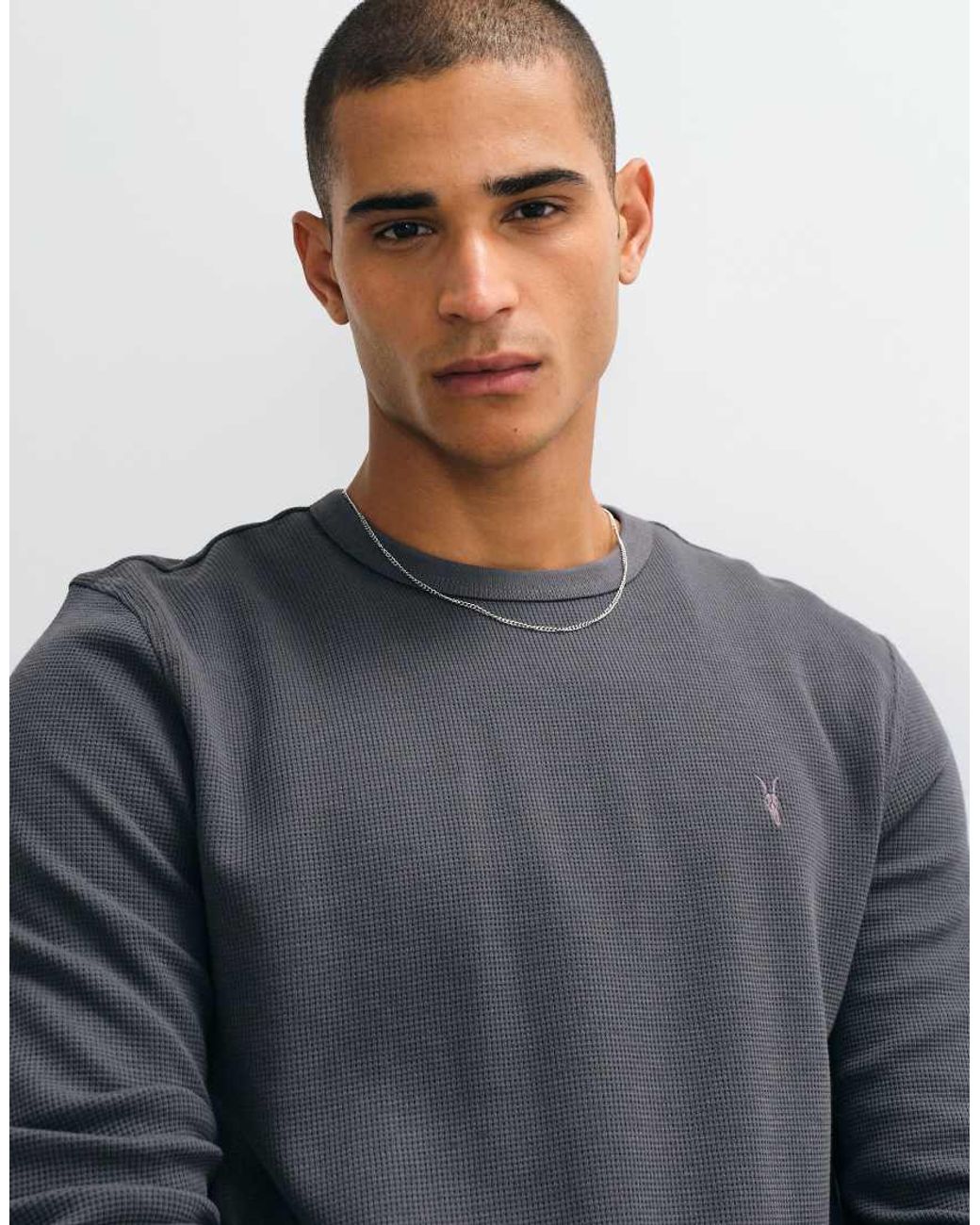 AllSaints Blue Ellis Long Sleeve Waffle Logo T-shirt for men