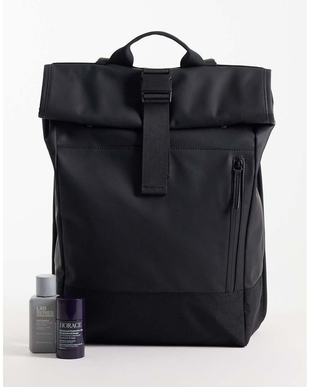 ASOS Black Rolltop Clip Rubberised Backpack for men