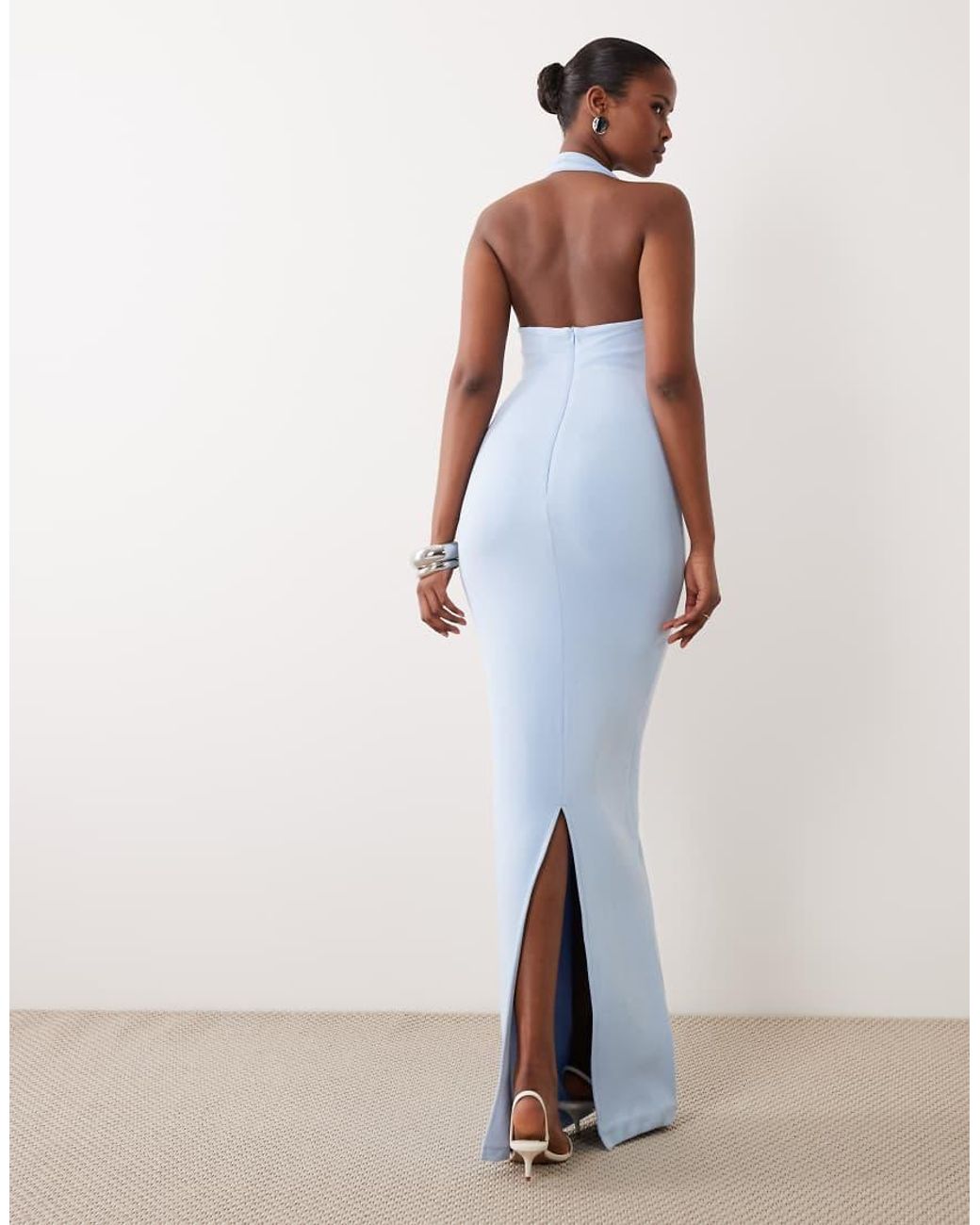 Noughts & Kisses Blue Cotton Blend Soft Touch Halterneck Hardware Detail Maxi Dress