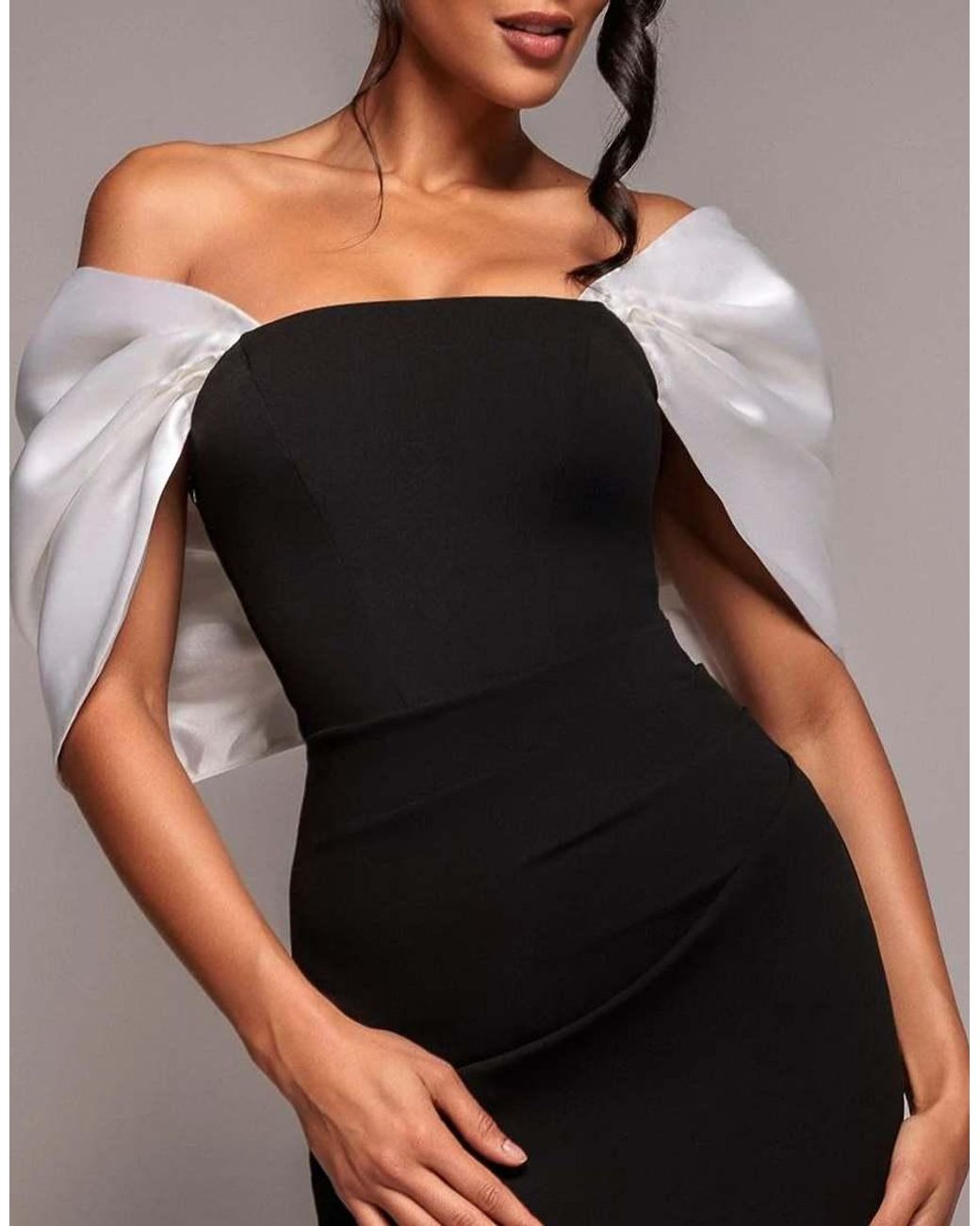 Goddiva Black Contrast Off Shoulder Back Satin Bow Maxi Dress