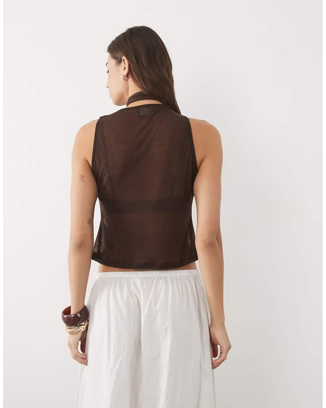 ASOS Brown Semi Sheer Knit Look Cowl Scarf Neck Tank Top