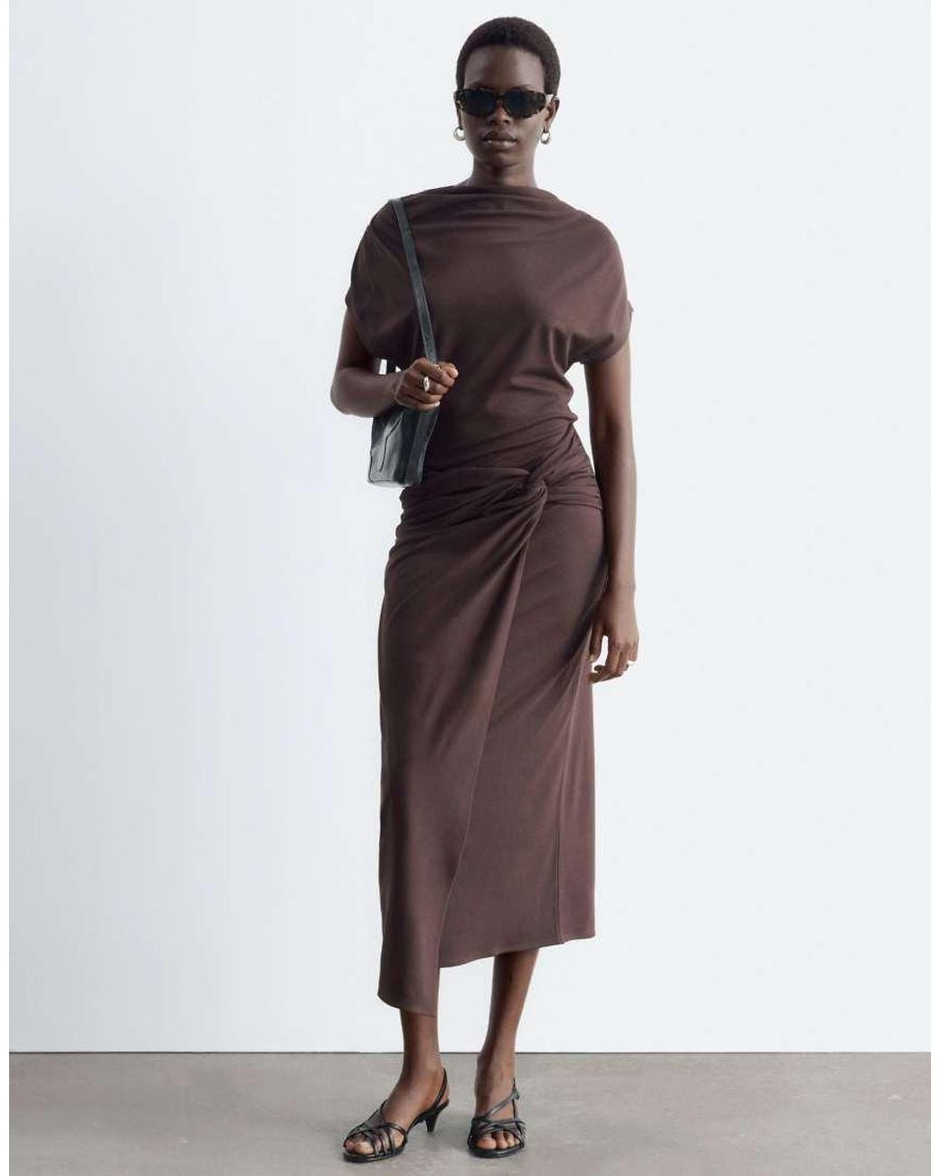 & Other Stories Brown Boat Neck Lock Sleeve Midi Dress With Side Knot Detail