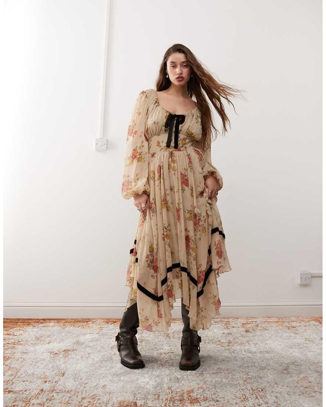Reclaimed Vintage Long Sleeve Boho Winter Maxi Dress in Natural | Lyst UK