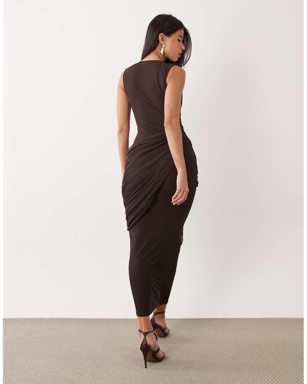 ASOS Brown Plunge Neck Gather Detail Mesh Maxi Dress