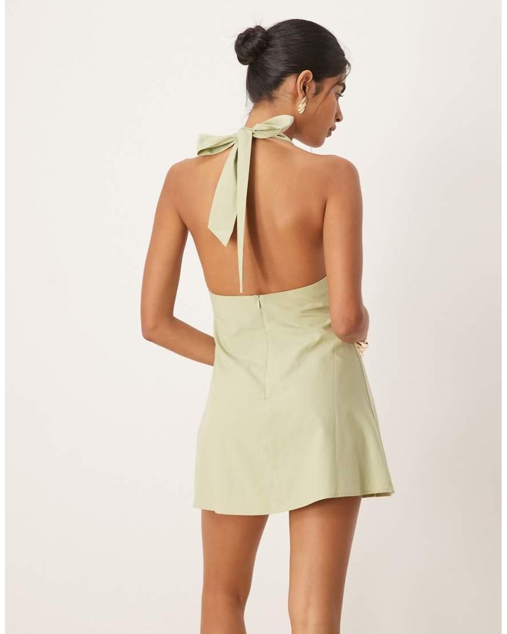 SNDY'S Green Linen Look Metal Detail Halterneck Open Back Mini Dress