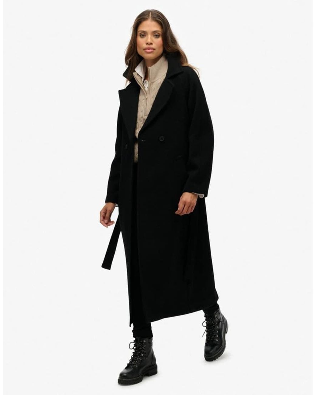 Superdry Black Relaxed Long Wool Blend Coat