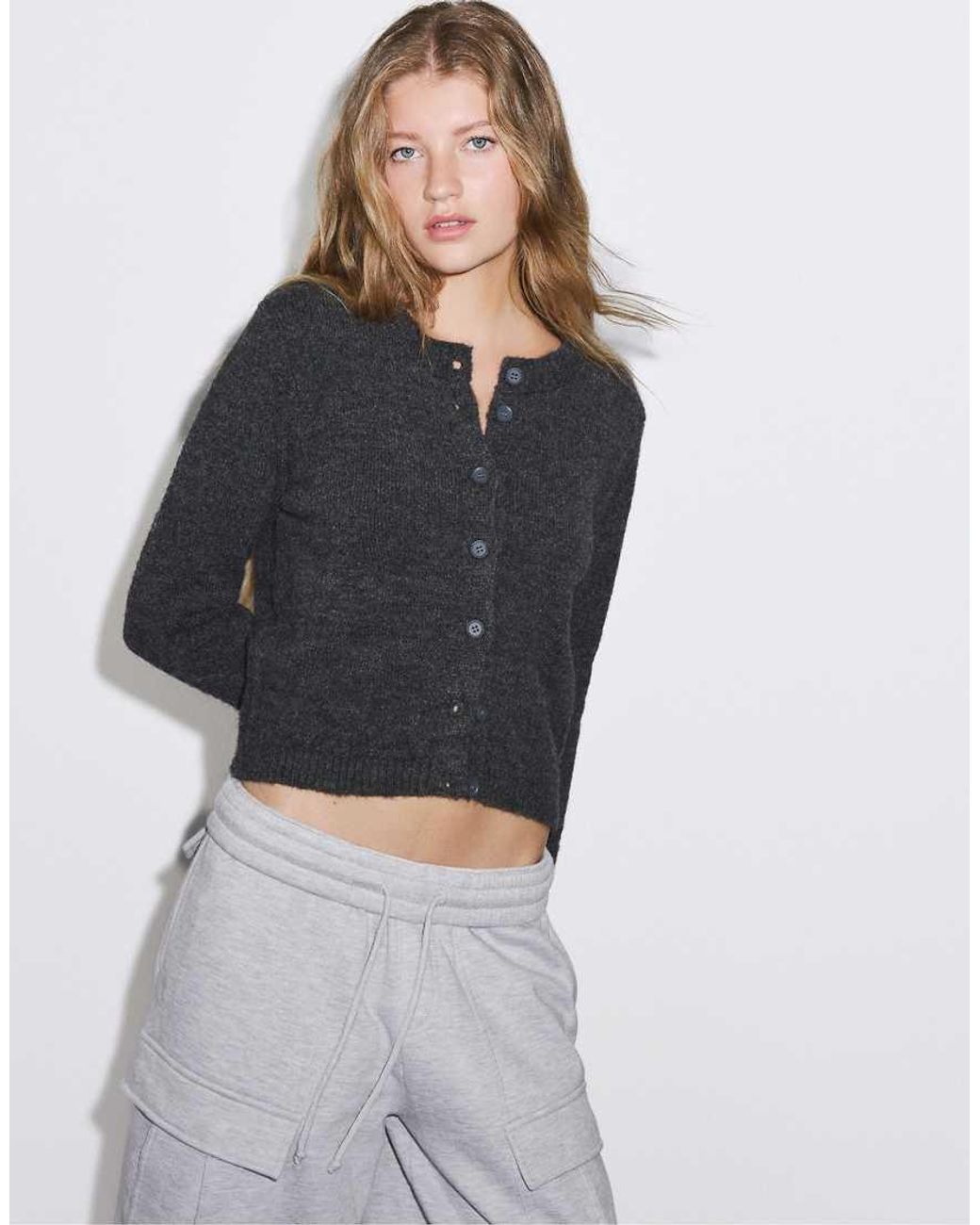 Stradivarius Gray Button-up Knit Cardigan