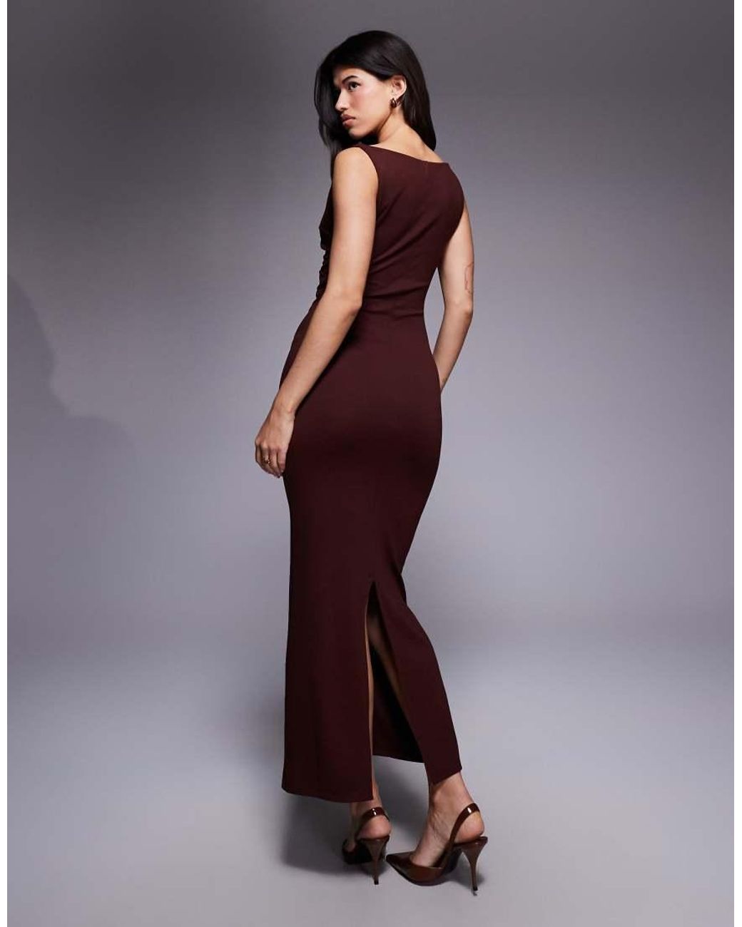 ASOS Purple Slash Neck Ruched Midi Dress