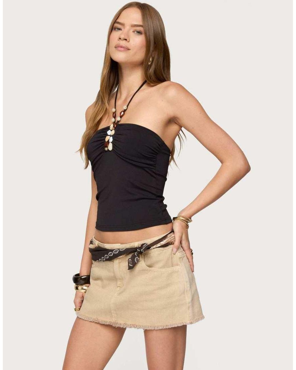 Edikted Black Carmel Bead Ruched Halter Top