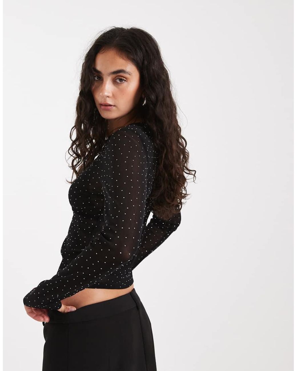 ASOS Black Textured Mesh Hotfix Long Sleeve Top