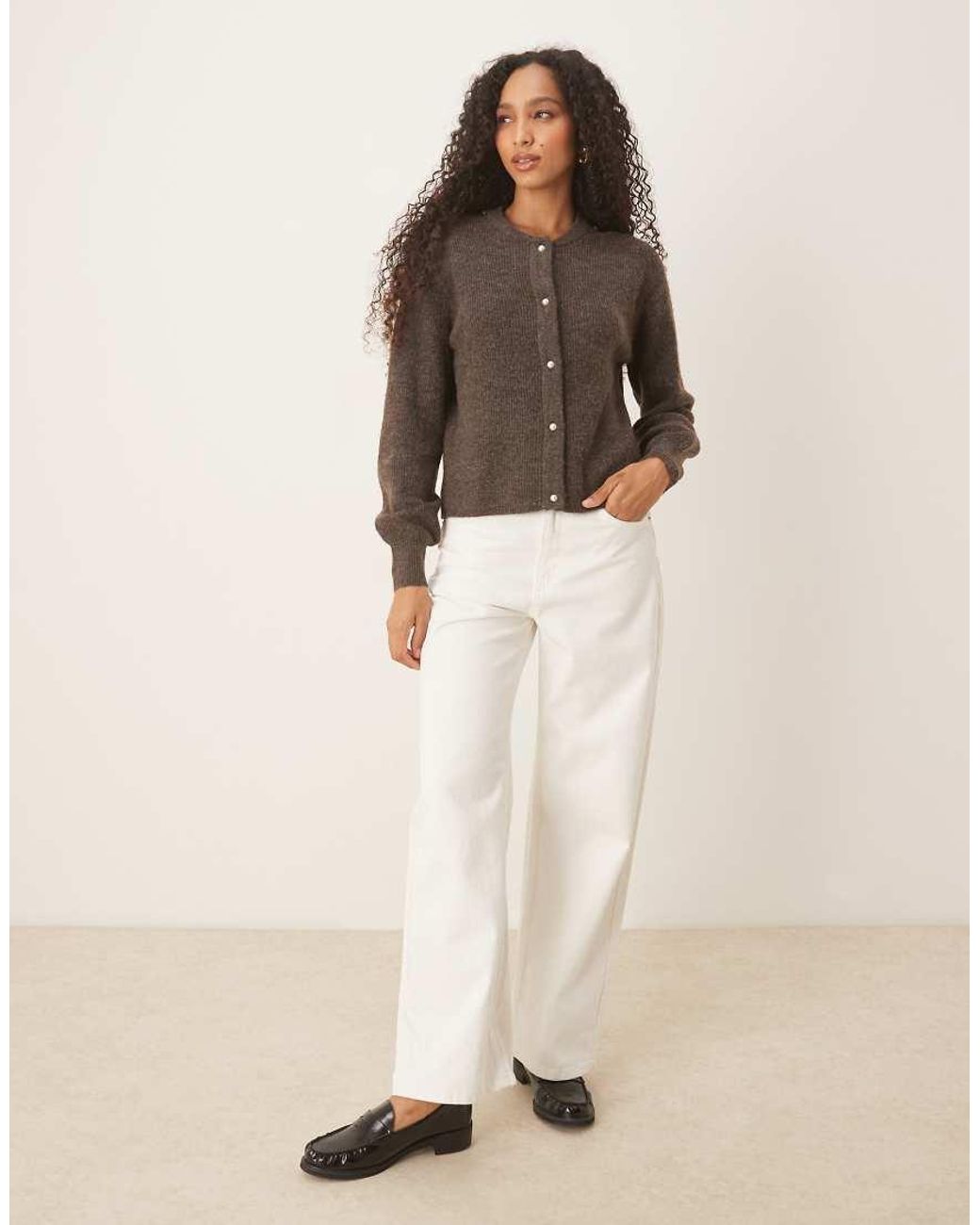 Jdy Brown Ribbed Cardigan With Pearl Buttons