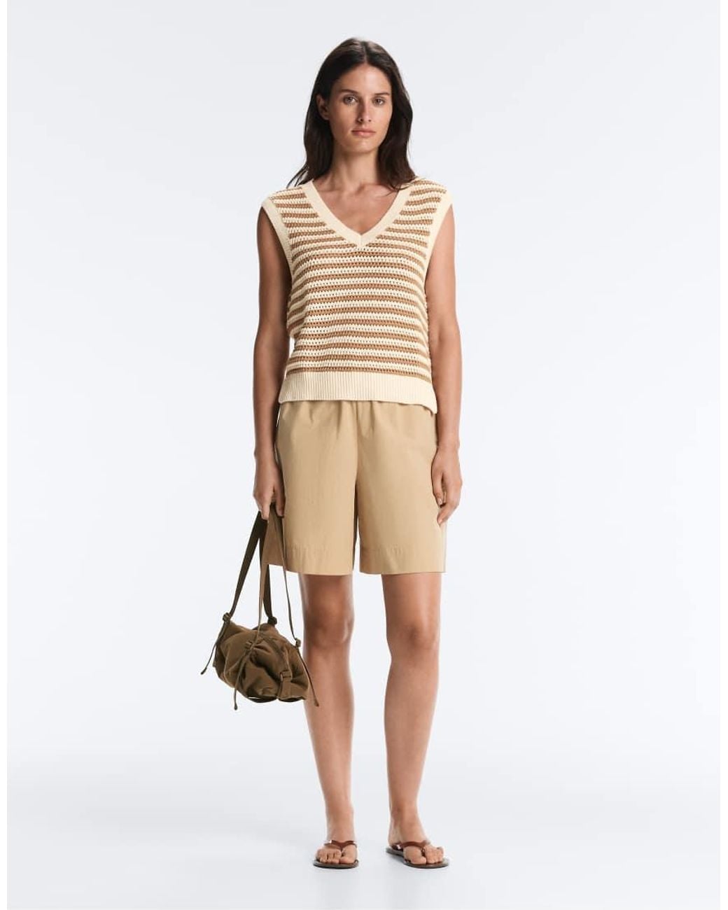 Oysho Natural Striped V-neck Knit Vest