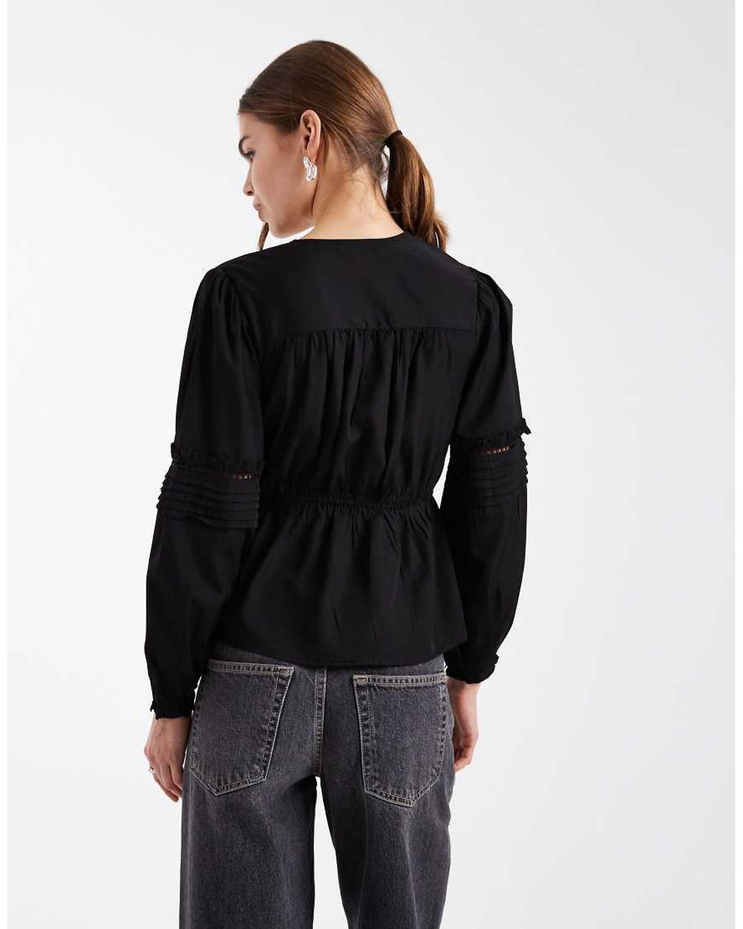 Wednesday's Girl Black V Neck Peplum Textured Long Sleeve Top