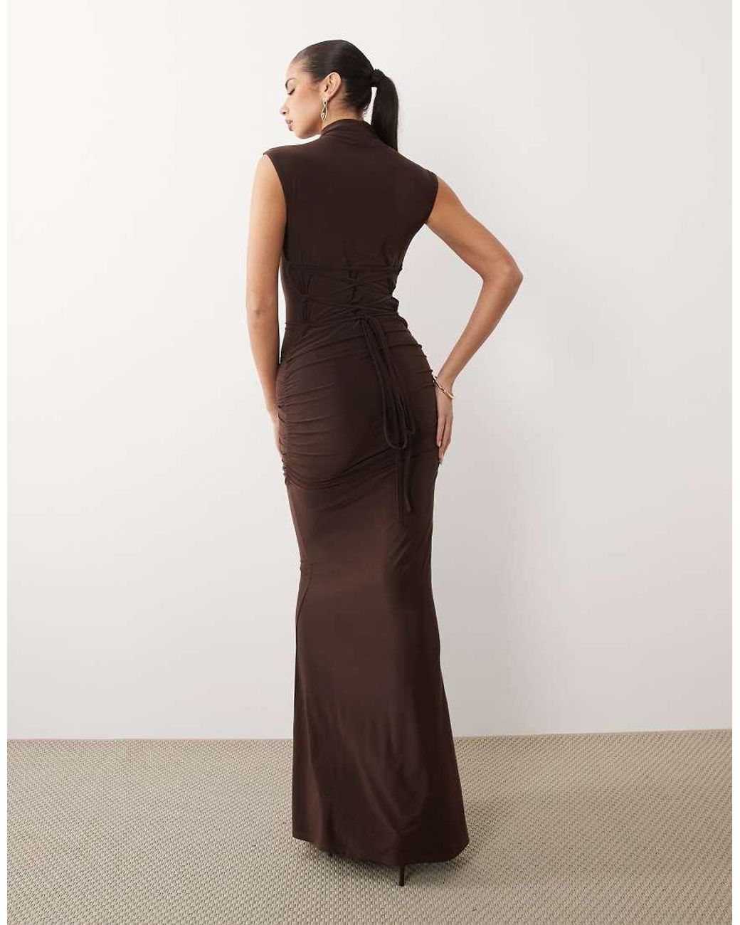 ASOS Brown Cap Sleeve Maxi Dress With Lace Up Detail And Ruching