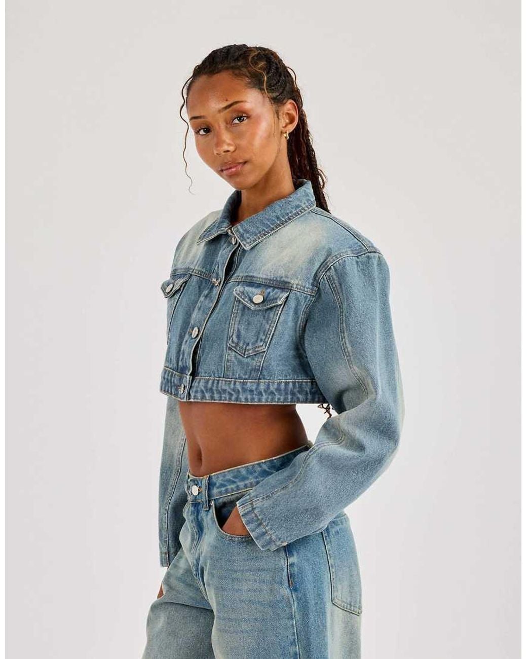 CERNUCCI Blue Super Crop Shoulder Pad Denim Jacket