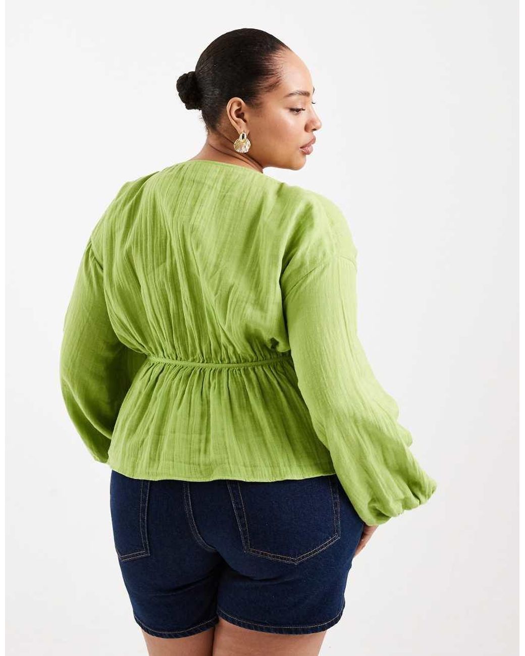 ASOS Green Asos Design Curve Long Sleeve Smock Top With Button Front